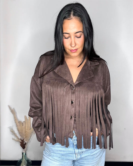 Veste en Suédine à Franges - Marron