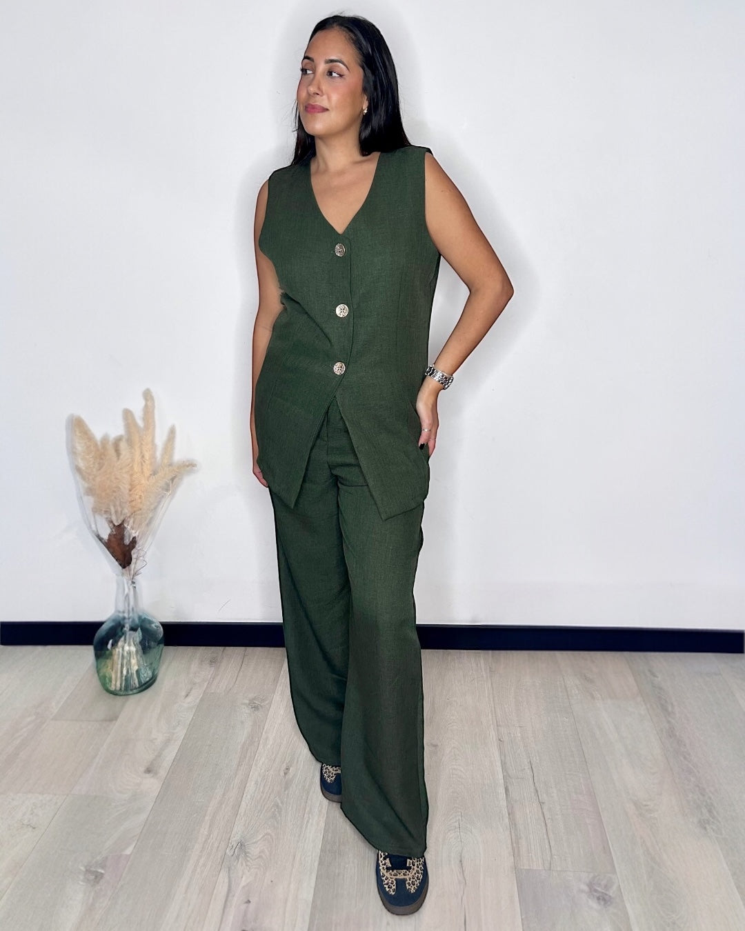 Ensemble Tailleur Gilet & Pantalon Large Kaki