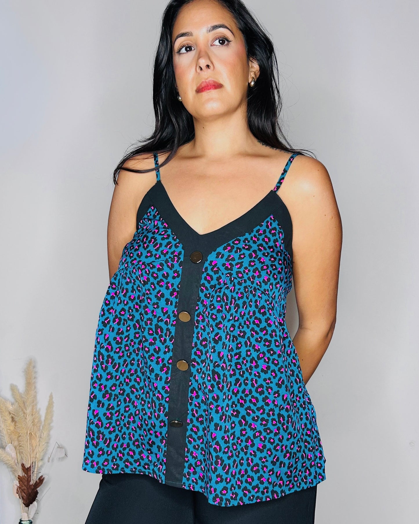 Caraco Fluide Imprimé Léopard - Bleu & Fuchsia