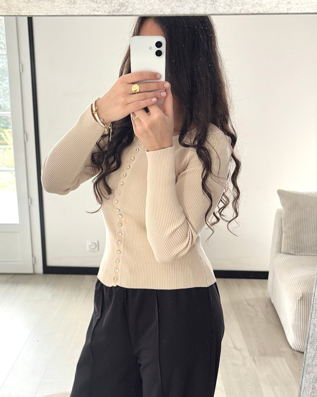 Top Maille Côtelée à Détails Bijoux