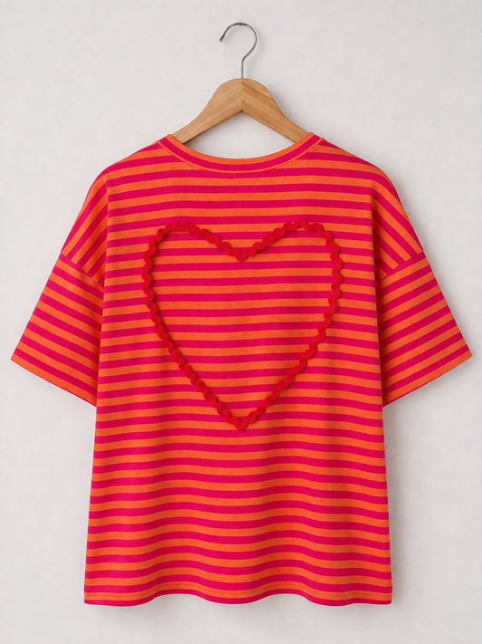 T-shirt Rayé Cœur SUNNY – Orange et Fuchsia