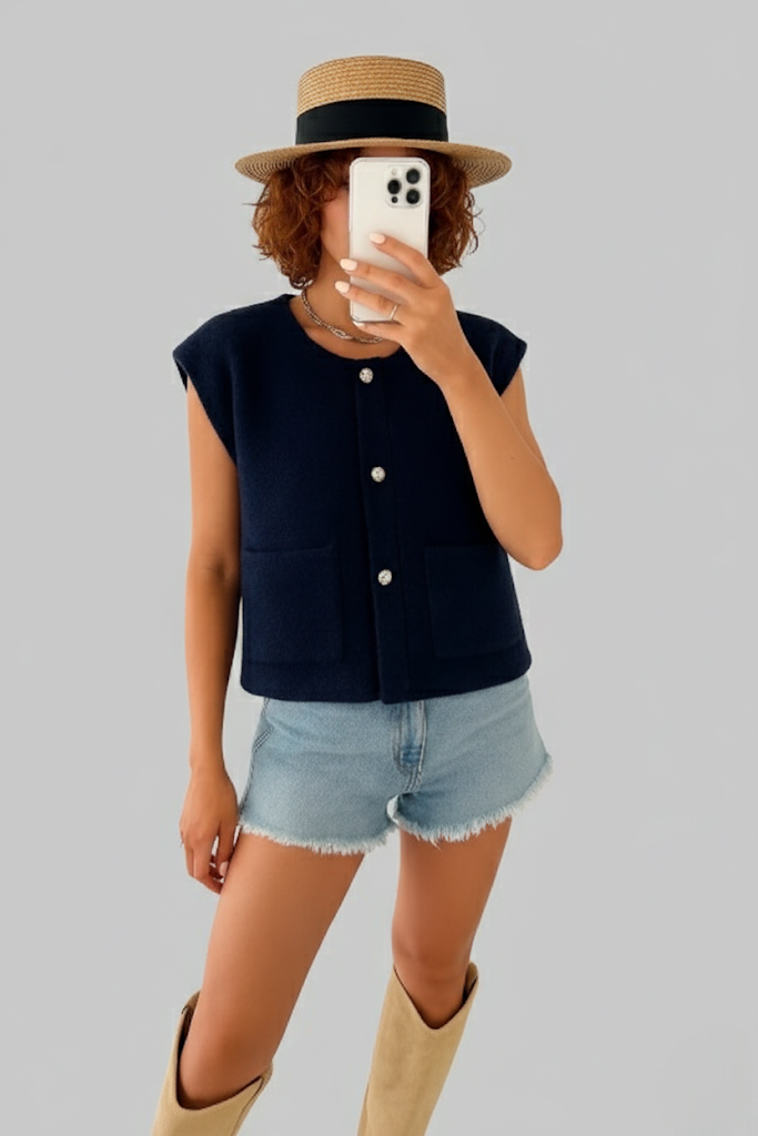 Gilet sans manches effet bouclé à bouton dorés
