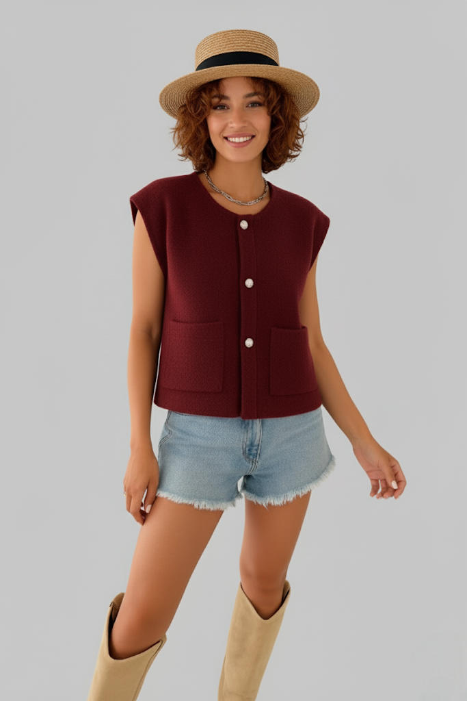 Gilet sans manches effet bouclé à bouton dorés