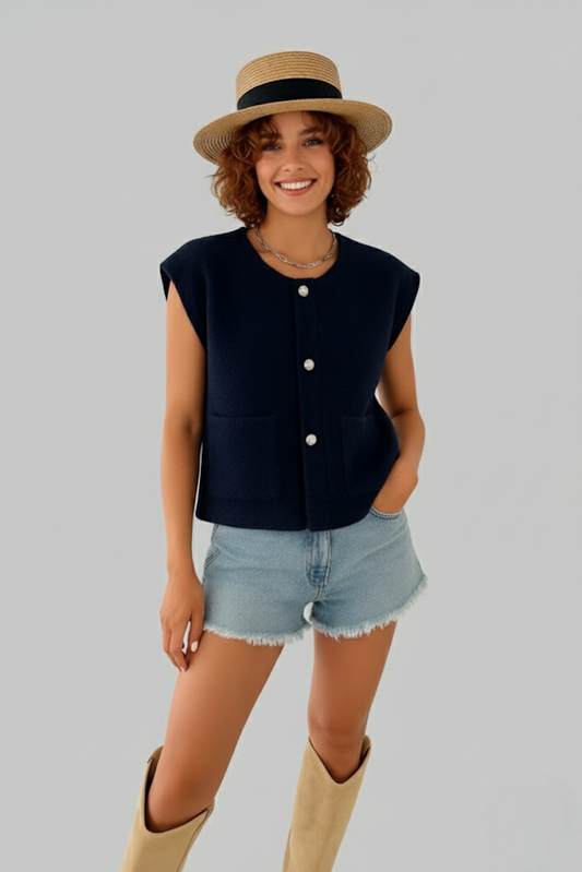 Gilet sans manches effet bouclé à bouton dorés