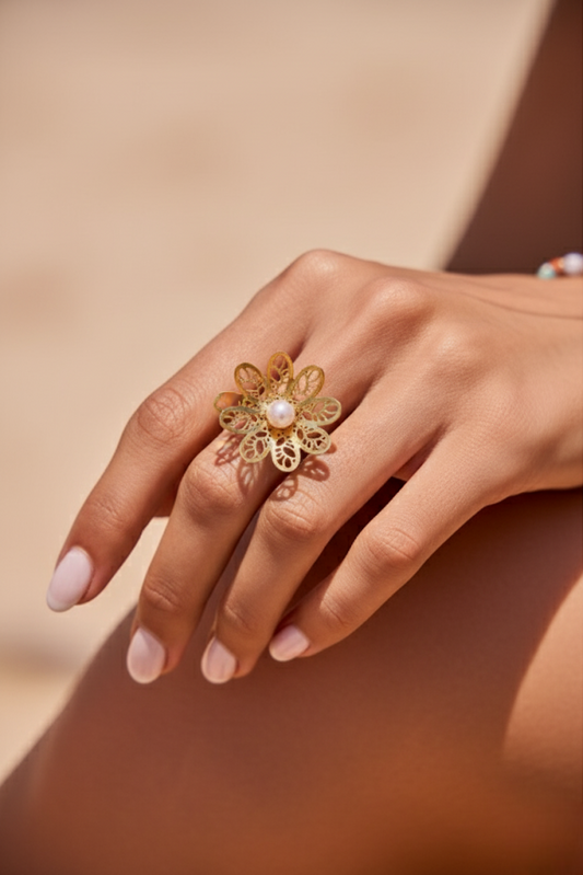 Bague Fleur Perlée ajustable en acier inoxydable
