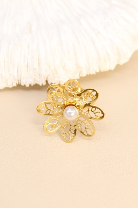 Bague Fleur Perlée ajustable en acier inoxydable