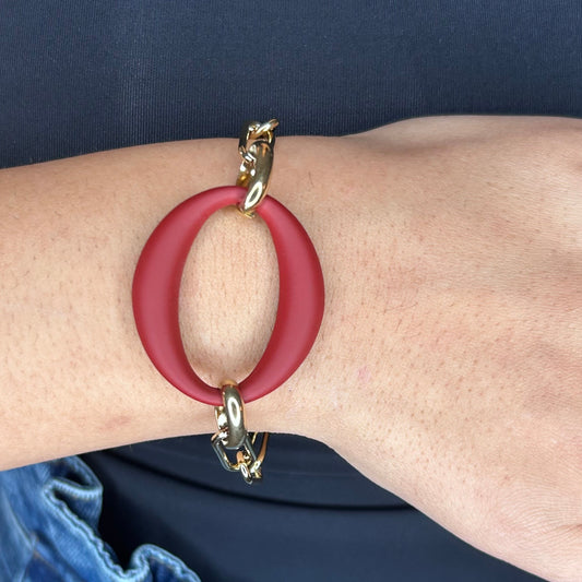 Bracelet Maillon XL Résine Mat Rouge Bordeaux et Chaîne Or