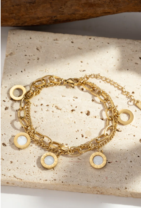 Bracelet Superposition Double Chaîne Or et Médaillons Nacre