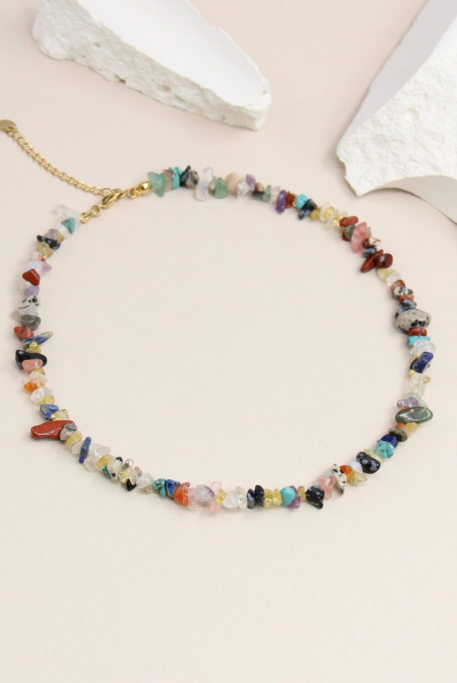 Collier Ras de Cou Pierres Naturelles Concassées Multicolores (Acier Inoxydable)