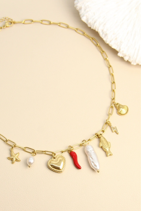 Collier acier inoxydable – Chaîne maillons et pampilles marines