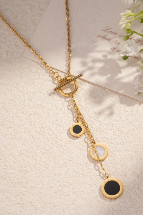 Collier Lariat Long Tendance Médaillons Acier Inoxydable Or