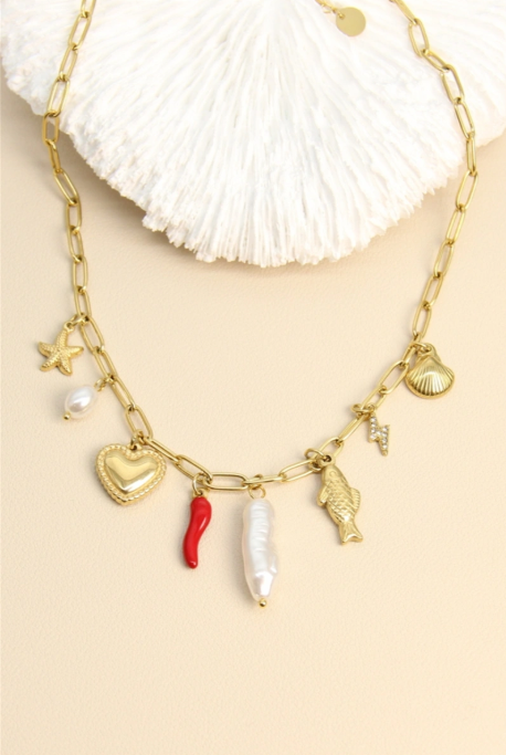 Collier Ras de Cou Charms Tendance Acier Inoxydable Or & Perles