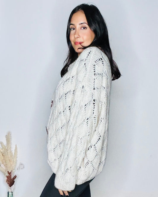 Gilet en Maille Ajourée & Mohair à Broches Soleil - Blanc Cassé