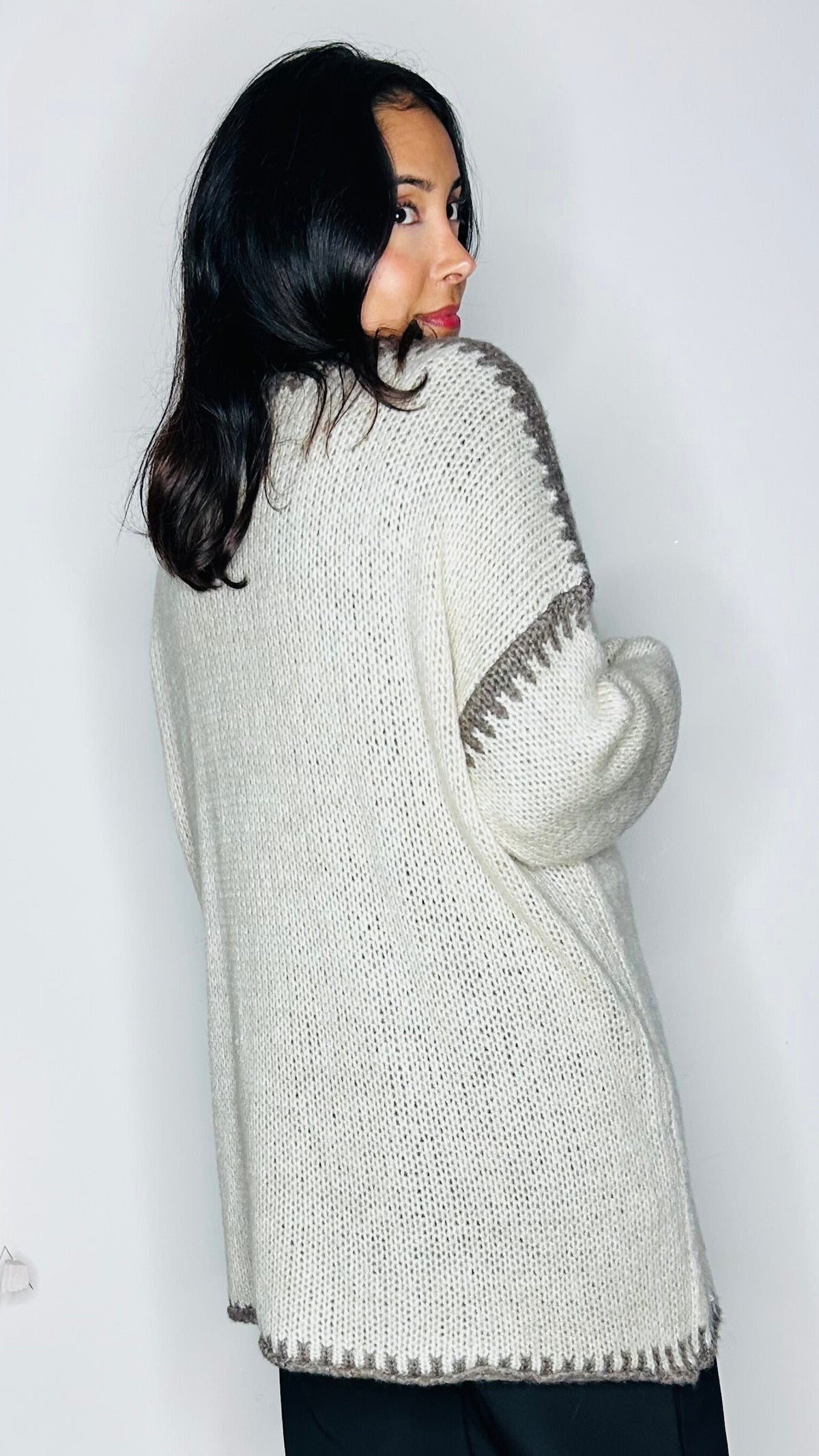 Gilet Long en Laine à Détails Crochetés - Écru & Taupe