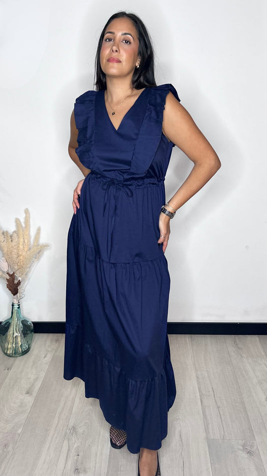 Robe Longue en Popeline à Volants - Bleu Profond