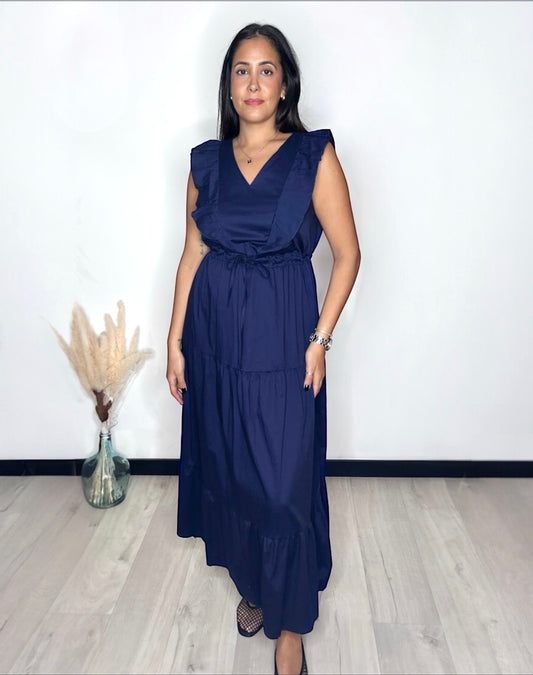 Robe Longue en Popeline à Volants - Bleu Profond