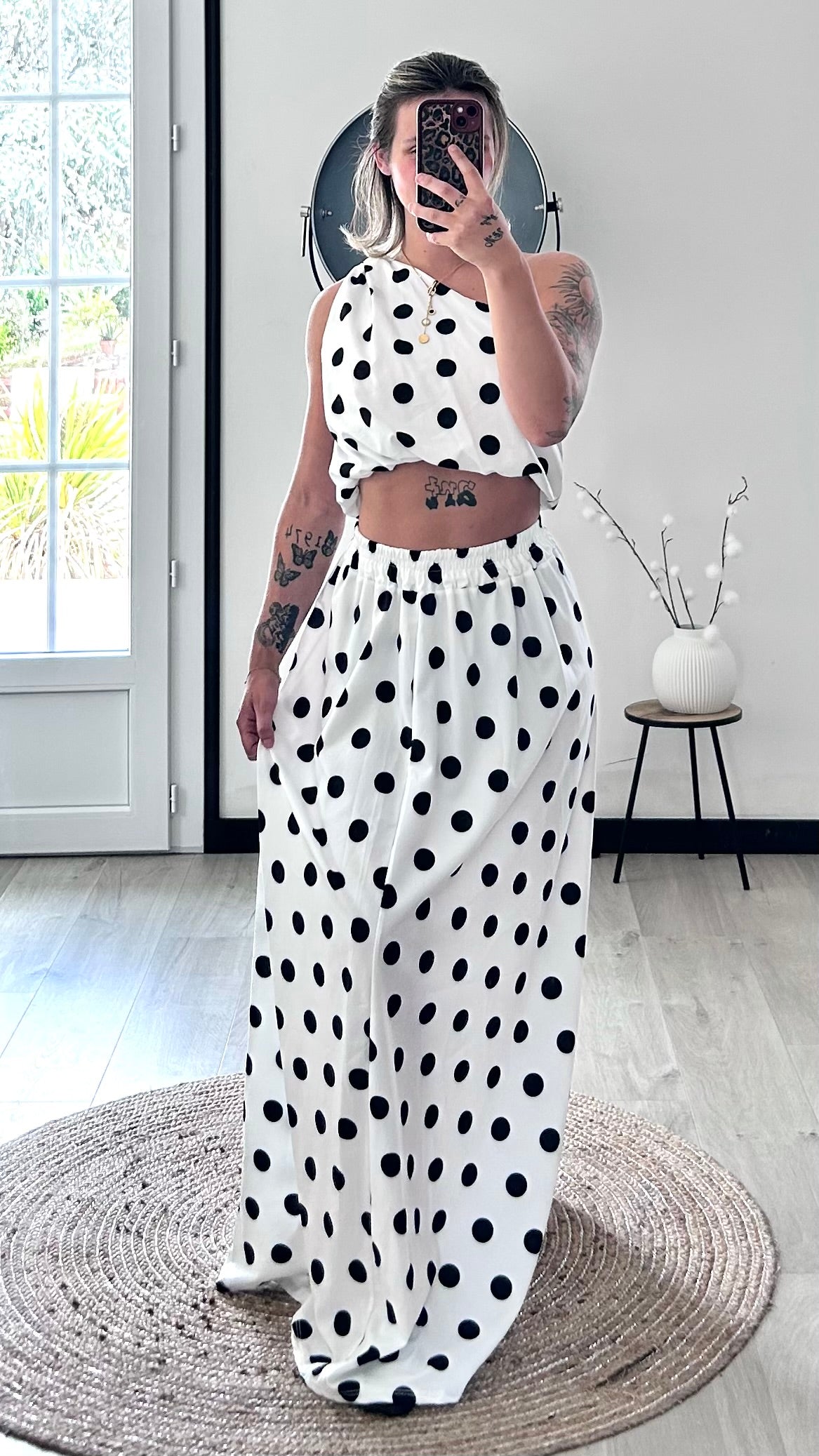 Ensemble Jupe ALYA – Blanc à Pois Noirs