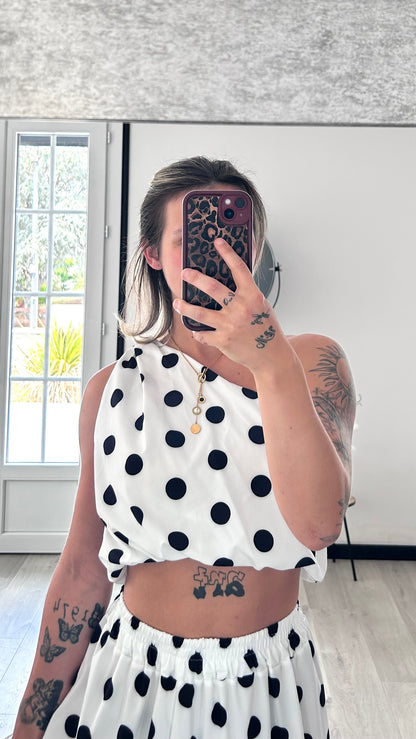 Ensemble Jupe ALYA – Blanc à Pois Noirs