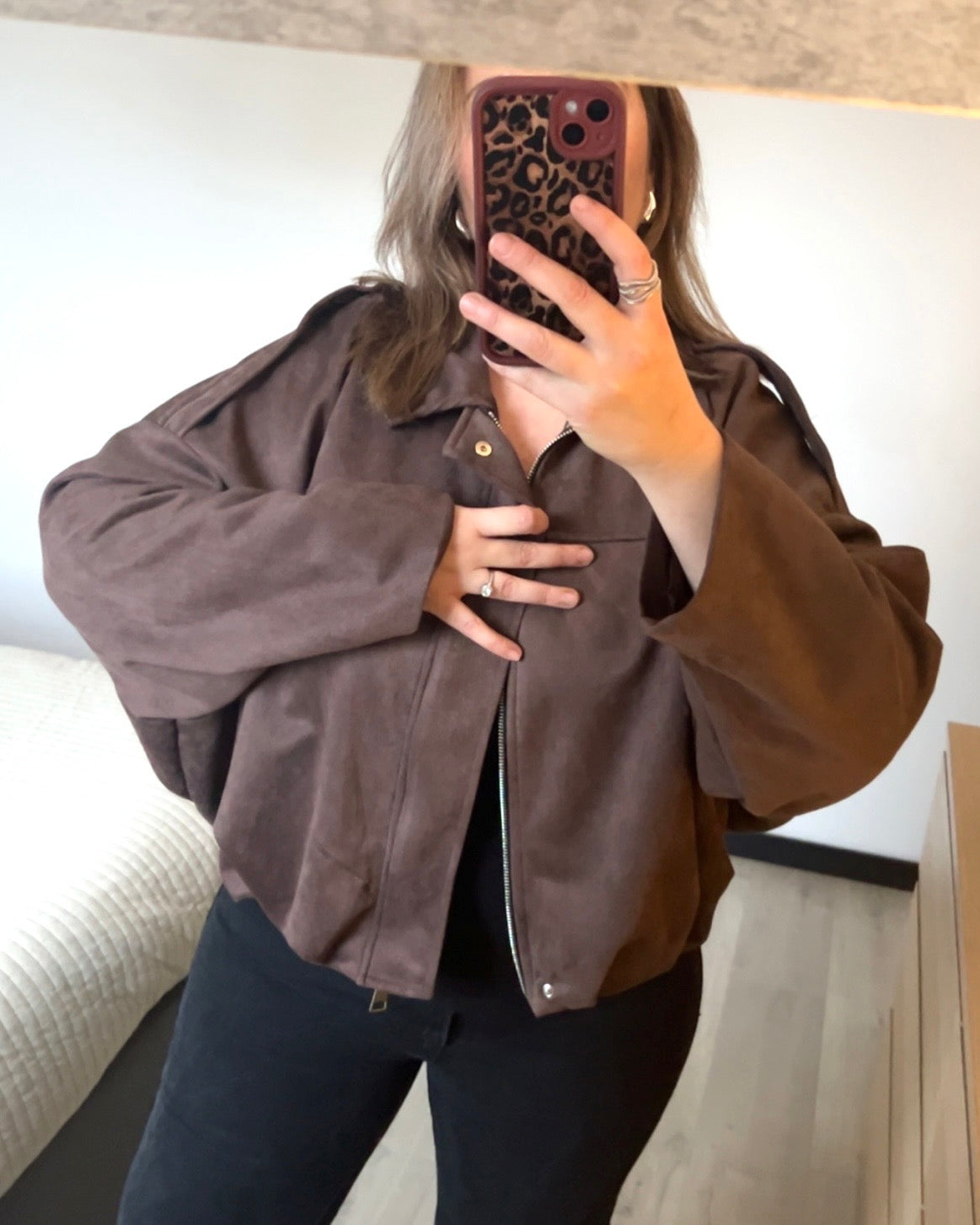 Bomber en Suédine à Col Chemise - Marron