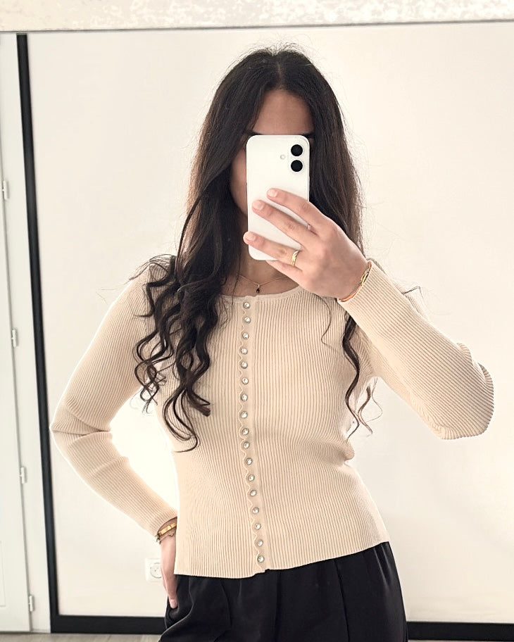 Top Maille Côtelée à Détails Bijoux