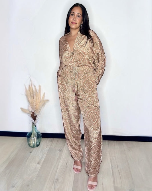 Combinaison en Soie Imprimé Cachemire - Beige & Rose Poudré