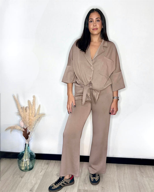 Ensemble Pantalon & Chemise Nouée Taupe