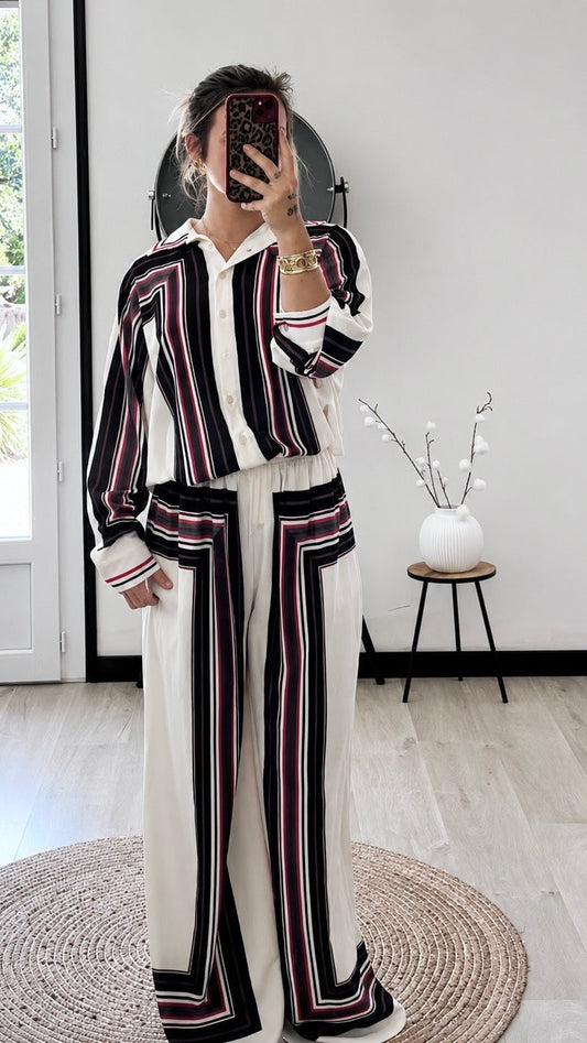 Ensemble Palazzo VALENTINA – Ivoire, Noir & Bordeaux