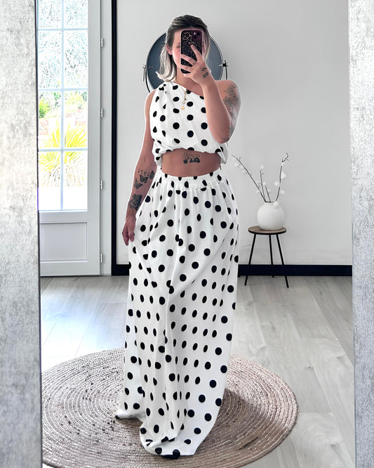 Ensemble Jupe ALYA – Blanc à Pois Noirs
