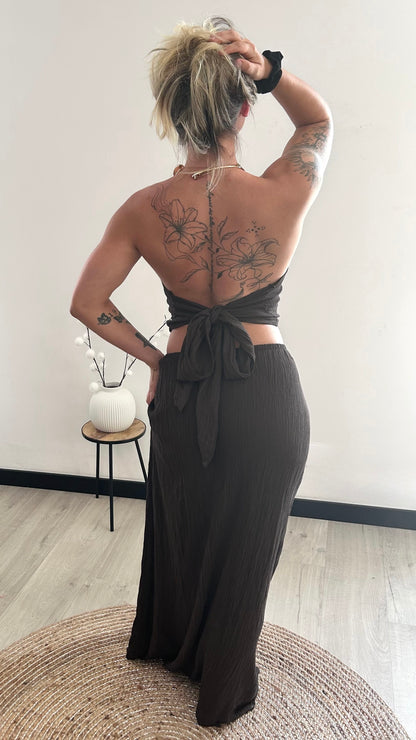 Robe Longue Dos Nu AMALIA – Marron Chocolat