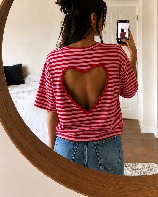 T-shirt Rayé Cœur SUNNY – Rouge et Rose