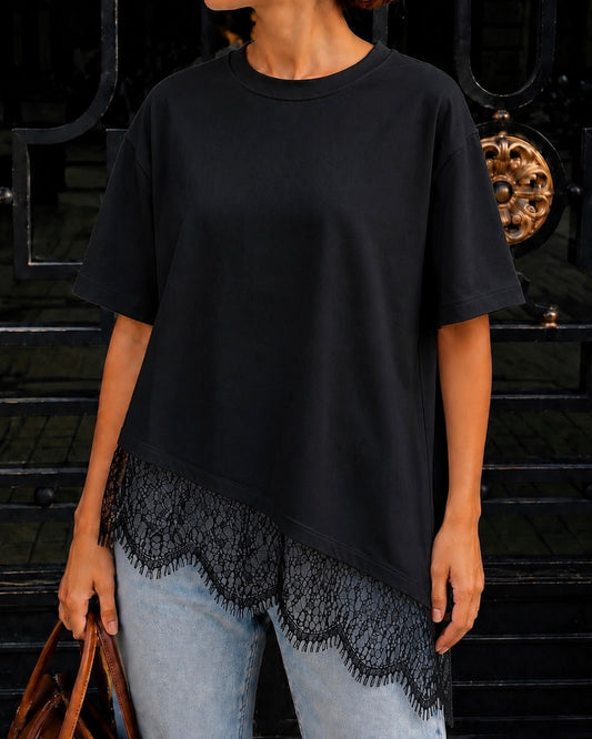Top Asymétrique Dentelle CÉLESTE - Noir