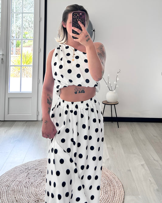 Ensemble Jupe ALYA – Blanc à Pois Noirs