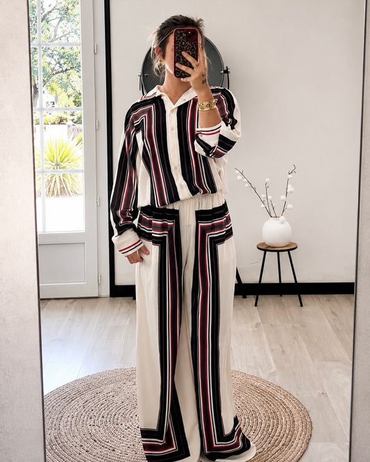 Ensemble Palazzo VALENTINA – Ivoire, Noir & Bordeaux