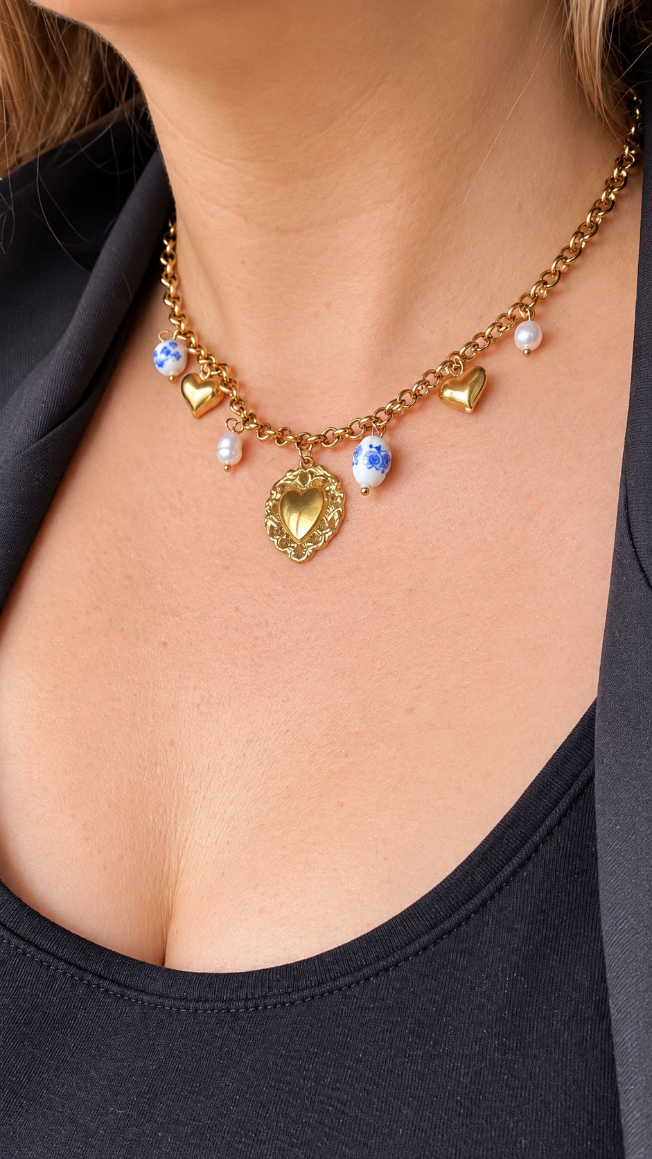 Collier SOLÉA – Doré Charms Cœurs & Perles
