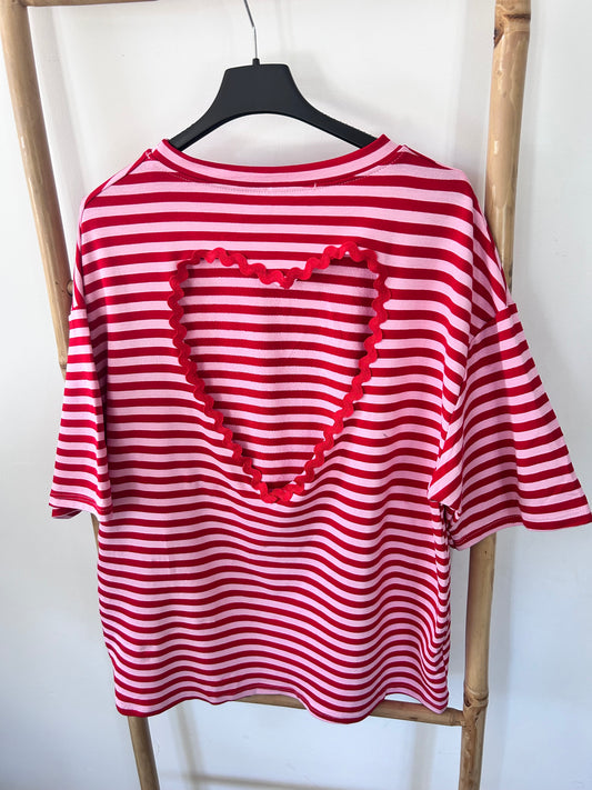 T-shirt Rayé Cœur SUNNY – Rouge et Rose