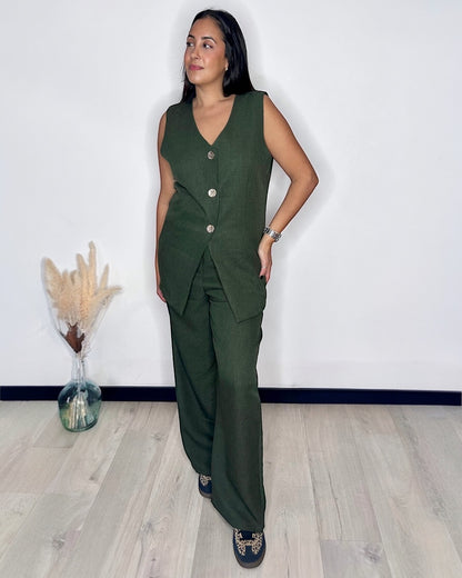Ensemble Tailleur Gilet & Pantalon Large Kaki