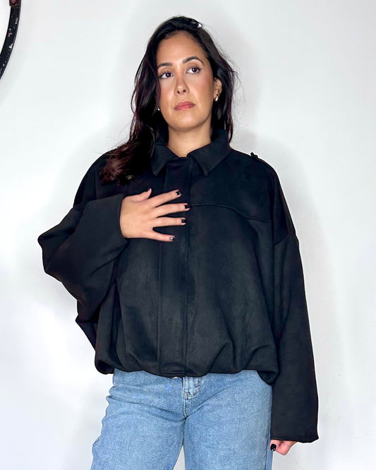 Bomber en Suédine à Col Chemise - Noir