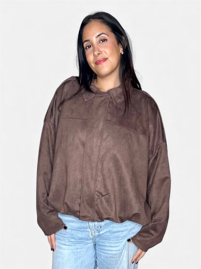 Bomber en Suédine à Col Chemise - Marron