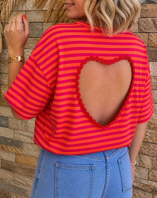 T-shirt Rayé Cœur SUNNY – Orange et Fuchsia