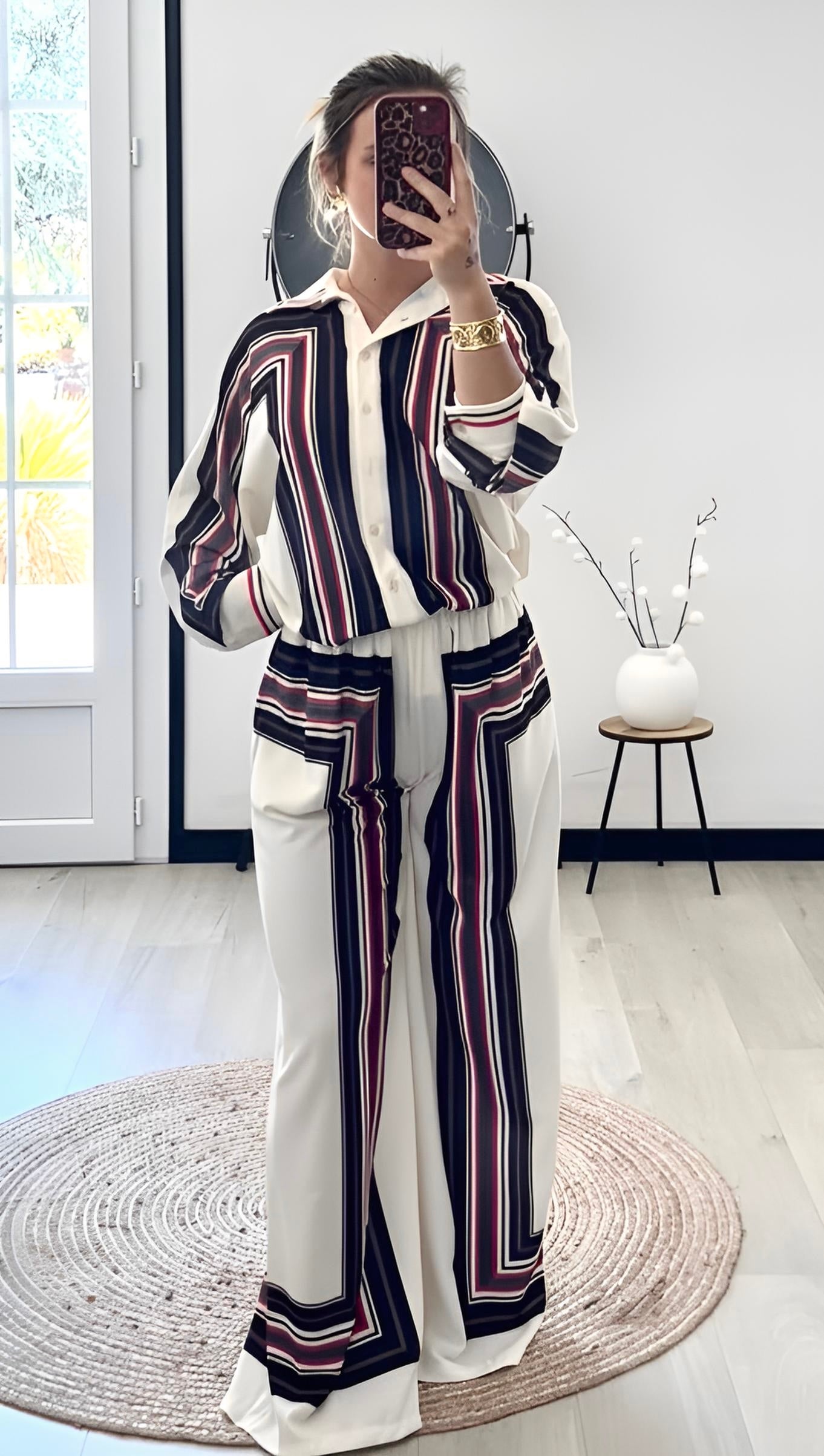 Ensemble Palazzo VALENTINA – Ivoire, Noir & Bordeaux