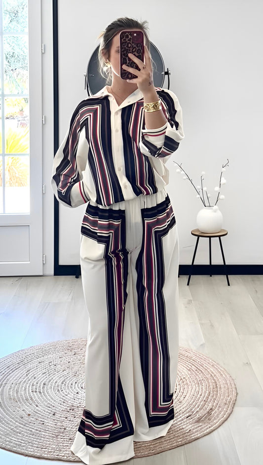Ensemble Palazzo VALENTINA – Ivoire, Noir & Bordeaux