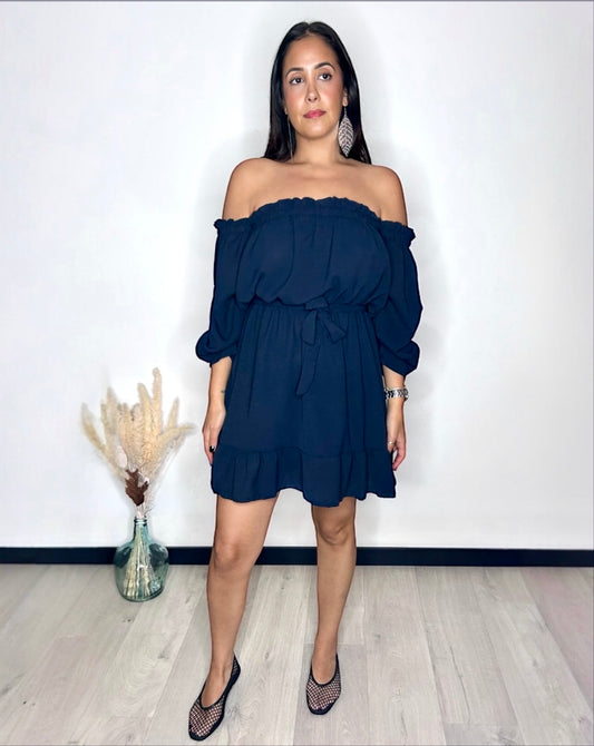 Robe Courte Épaules Dénudées & Manches Bouffantes - Bleu Marine