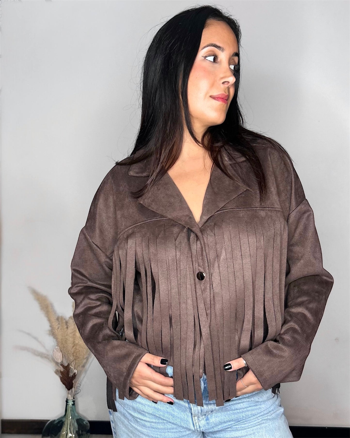 Veste en Suédine à Franges - Marron