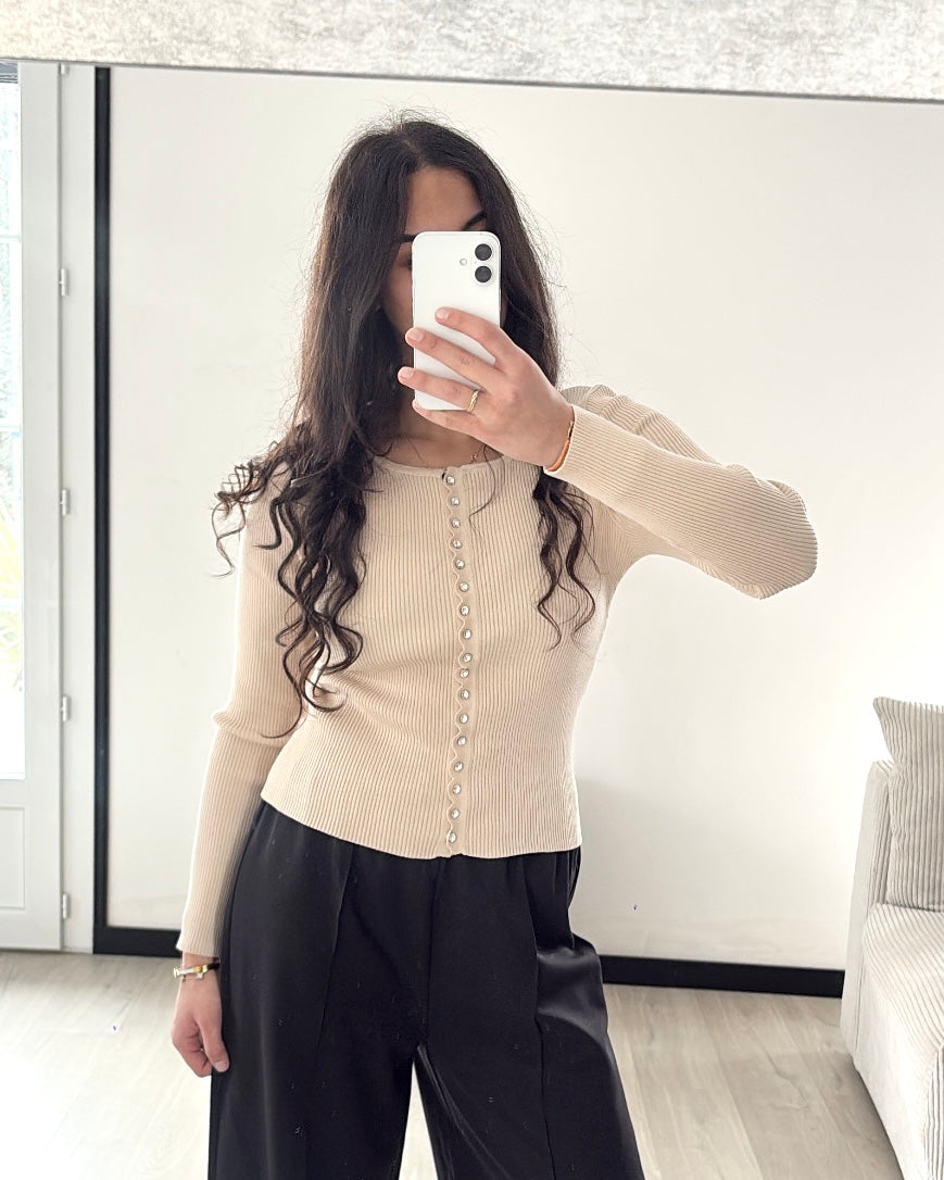 Top Maille Côtelée à Détails Bijoux