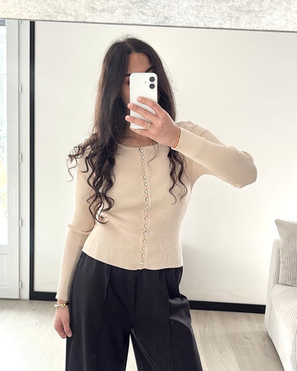 Top Maille Côtelée à Détails Bijoux