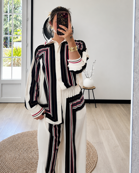Ensemble Palazzo VALENTINA – Ivoire, Noir & Bordeaux