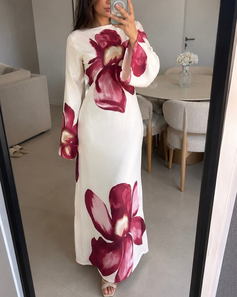 Robe longue fleurie LÉANA – Bordeaux