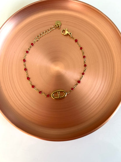 Bracelet Garance — Maille Marine & Perles Rouges