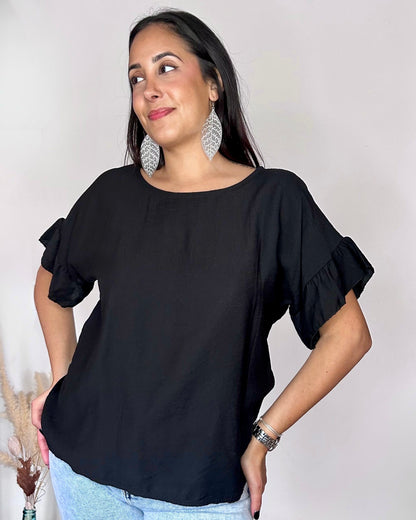 Top Fluide à Manches Volantées - Noir