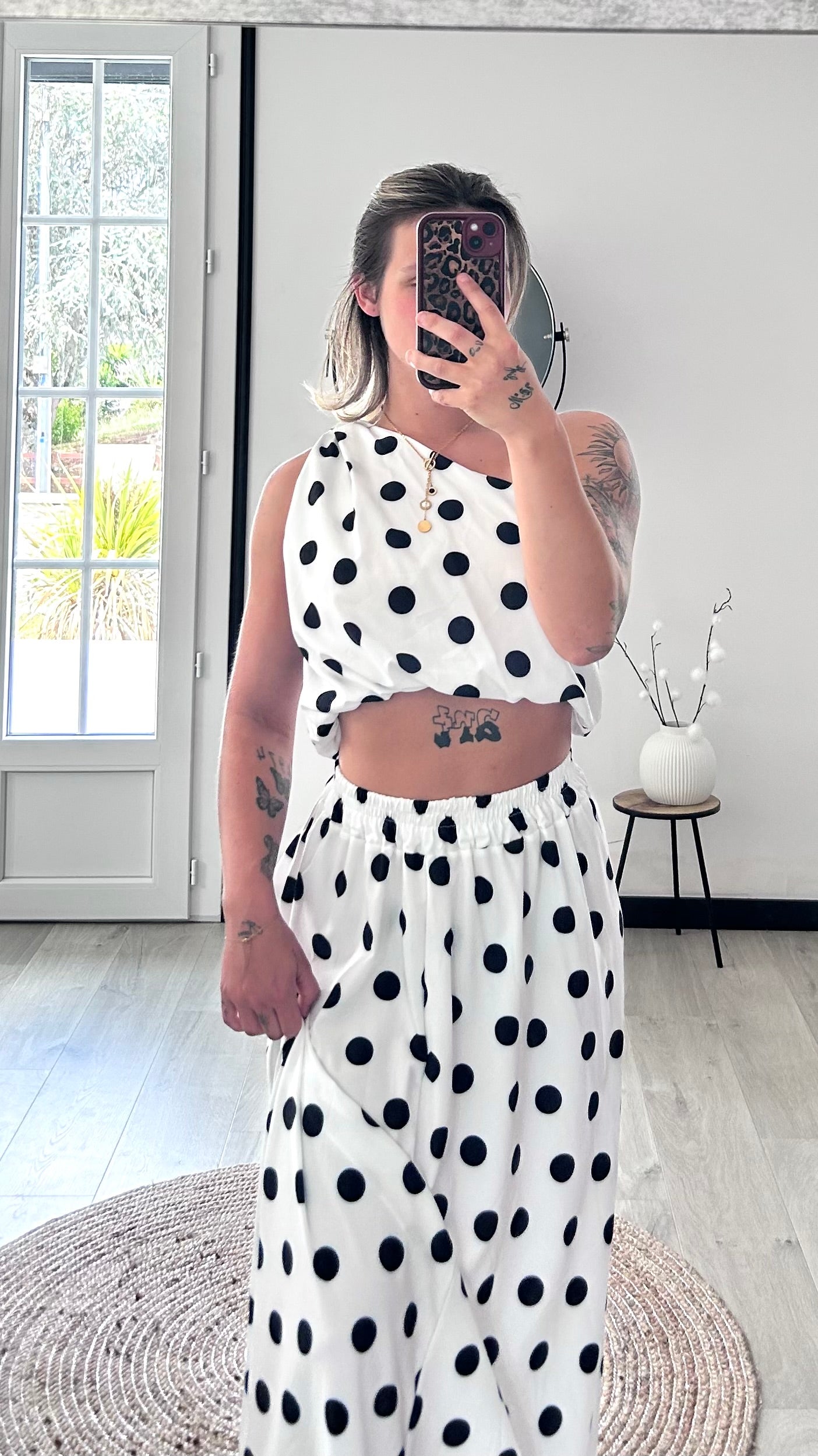 Ensemble Jupe ALYA – Blanc à Pois Noirs